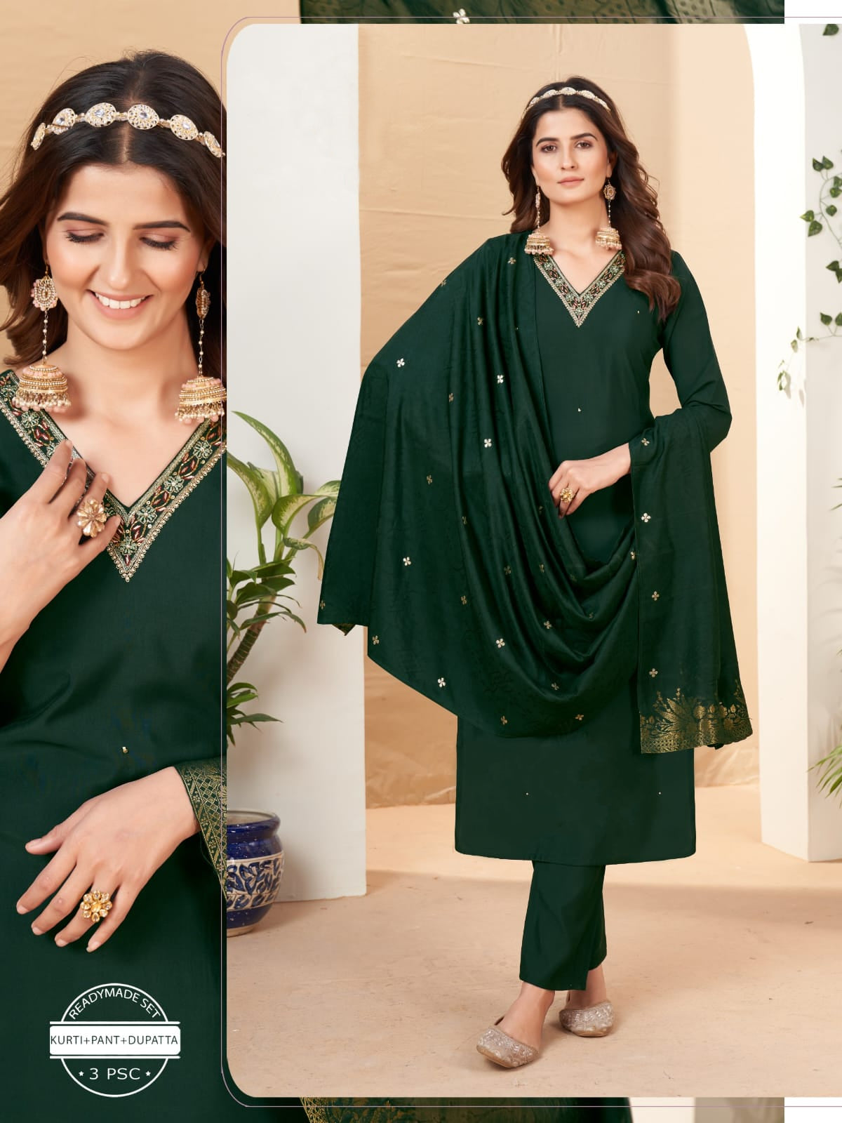 Solid V- Neck Hand Embroidered Straight Fit Kurta with Pant & Dupatta - Dark Green