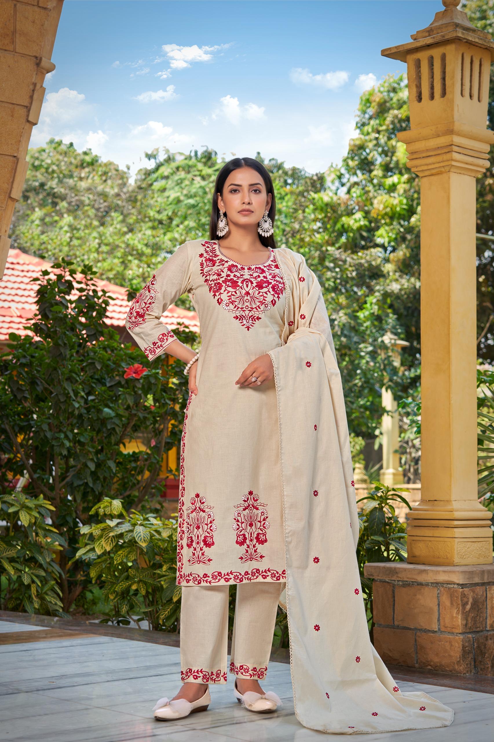 Pure Cotton Suit With Floral Red Embroidery