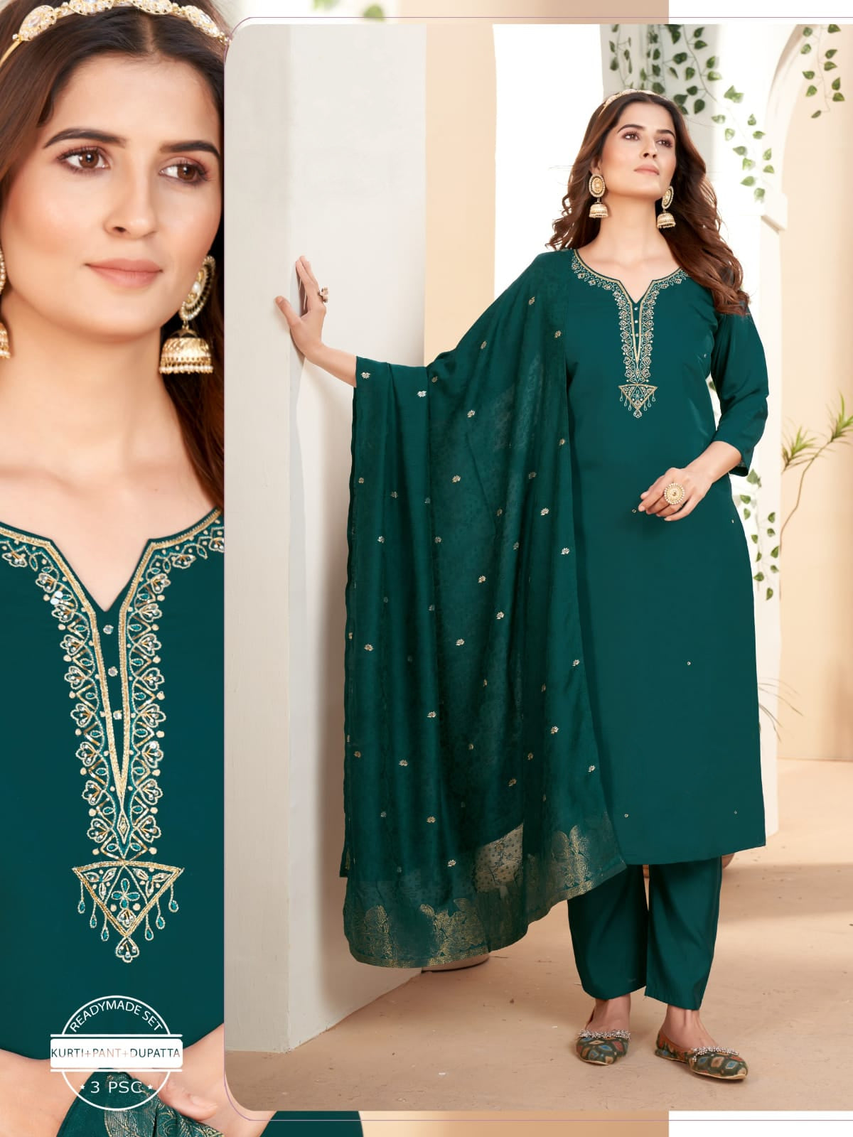 Solid Hand Embroidered Straight Fit Kurta with Pant & Dupatta - Cyan