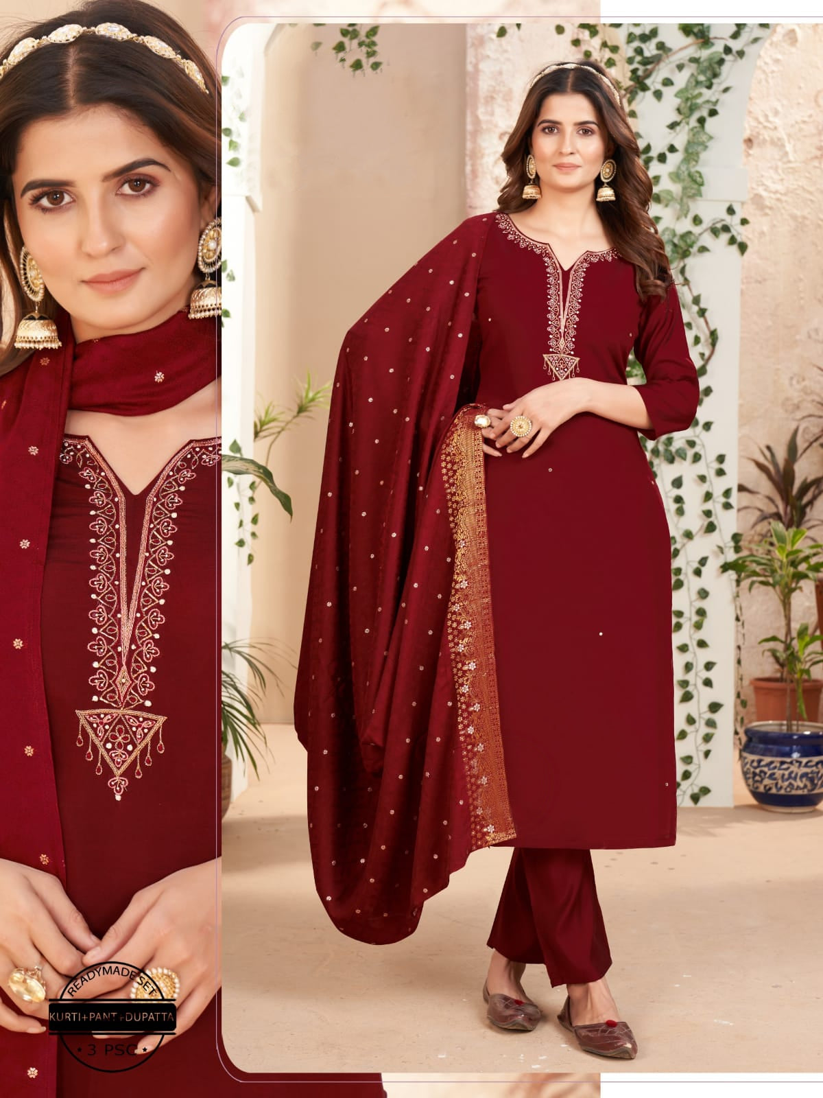 Solid Hand Embroidered Straight Fit Kurta with Pant & Dupatta - Maroon