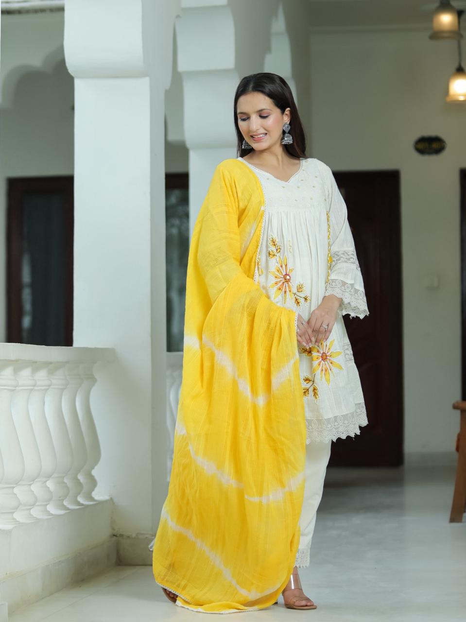 Yellow A-Line Schiffli Cotton Suit With Handwork