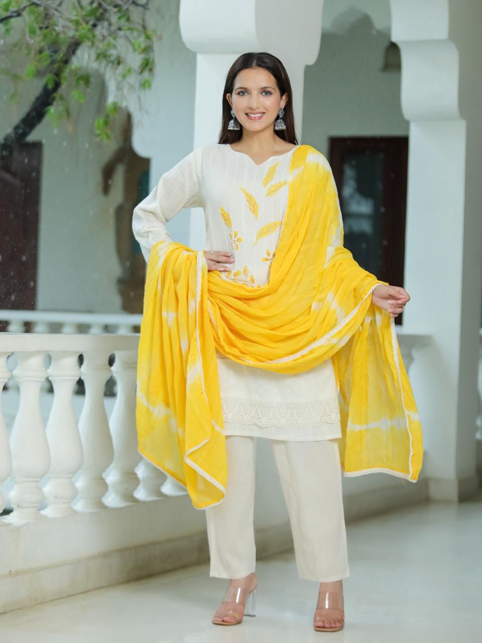 Yellow A-Line Schiffli Cotton Suit With Pure Handwork