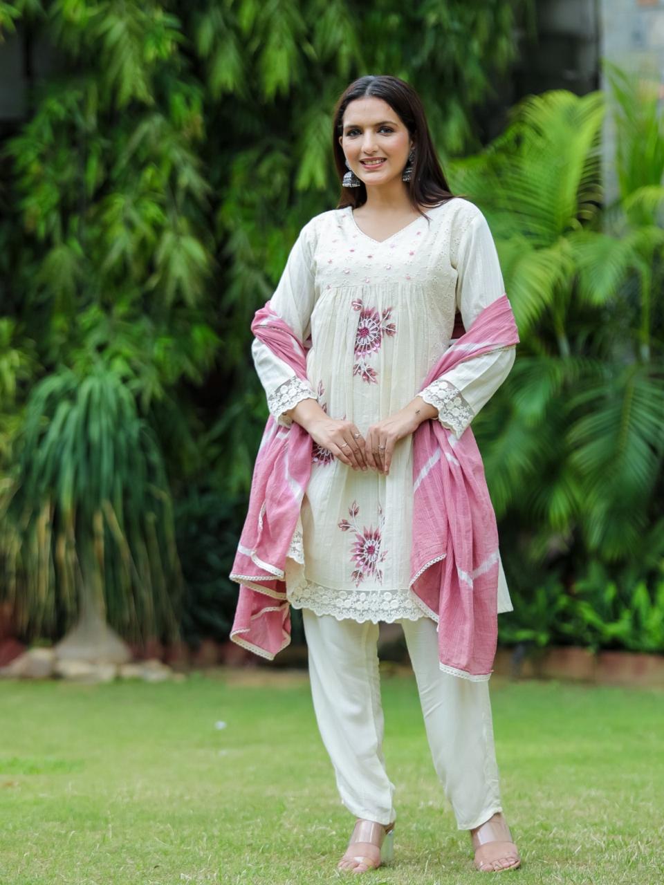 Dull Pink A-Line Schiffli Cotton Suit With Handwork