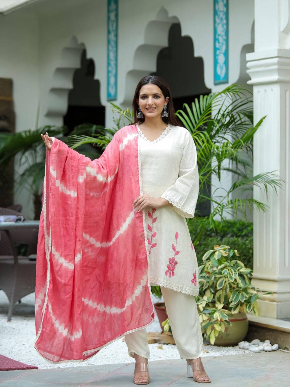 Blush Pink A-Line Schiffli Cotton Suit With Handwork