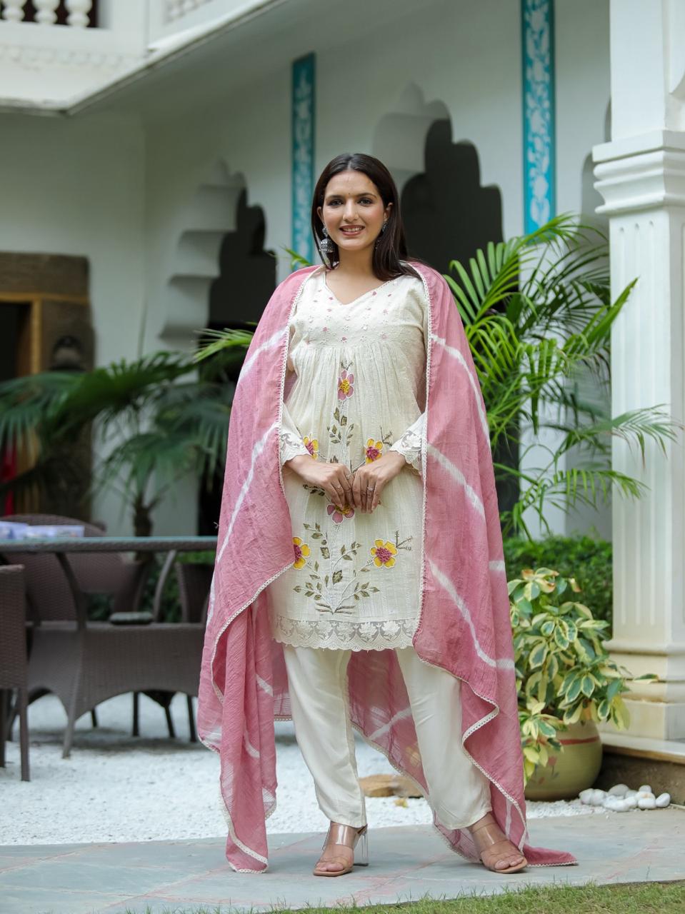 Rose Pink A-Line Schiffli Cotton Suit With Handwork