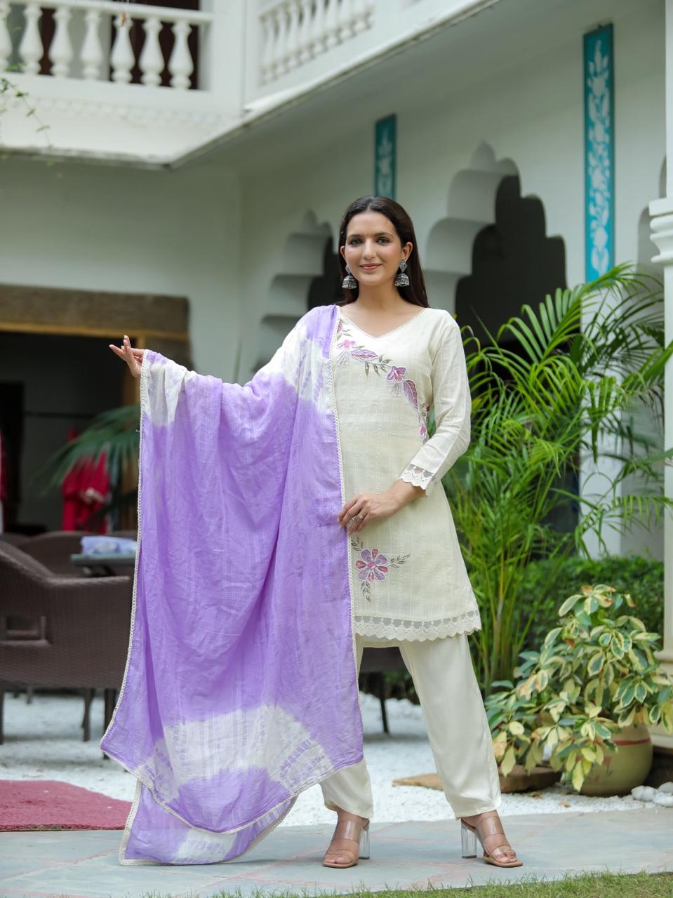 Purple A-Line Schiffli Cotton Suit With Handwork