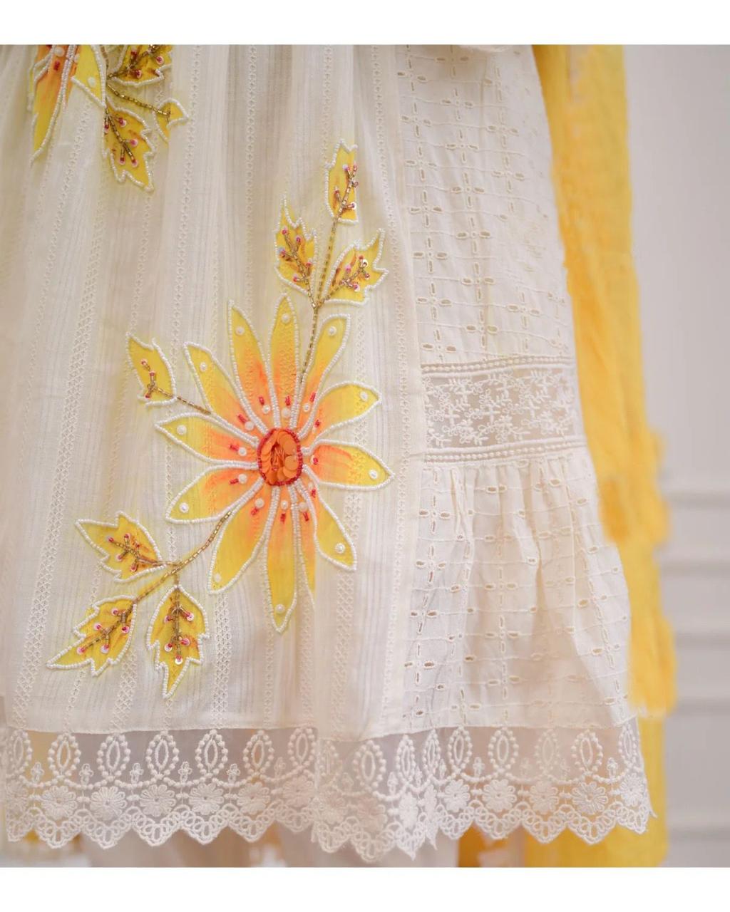 Yellow A-Line Schiffli Cotton Suit With Handwork