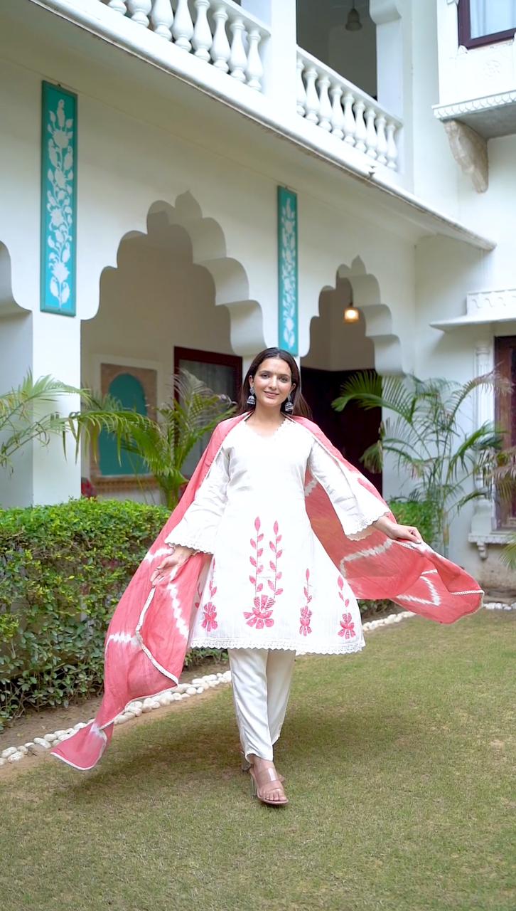 Blush Pink A-Line Schiffli Cotton Suit With Handwork