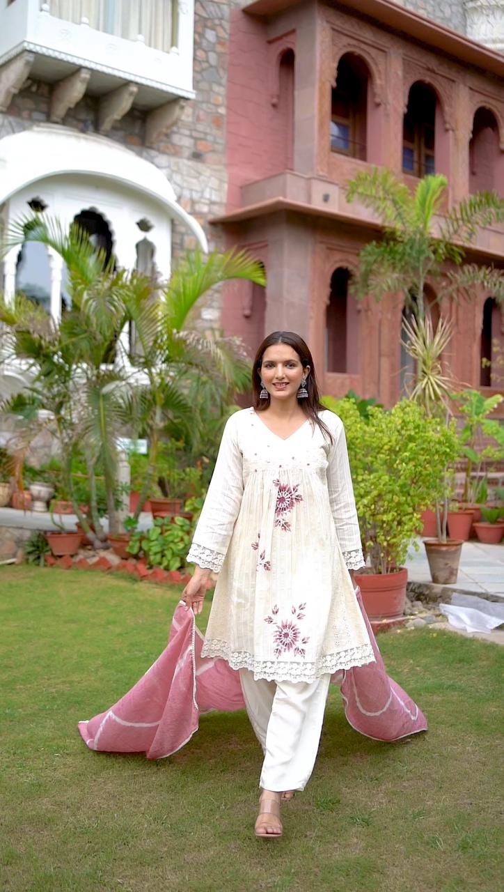 Dull Pink A-Line Schiffli Cotton Suit With Handwork