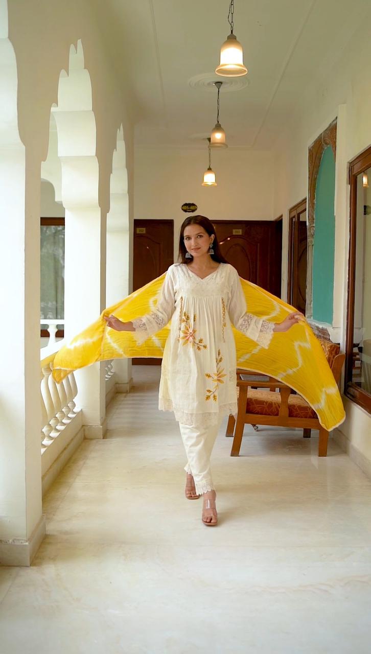 Yellow A-Line Schiffli Cotton Suit With Handwork