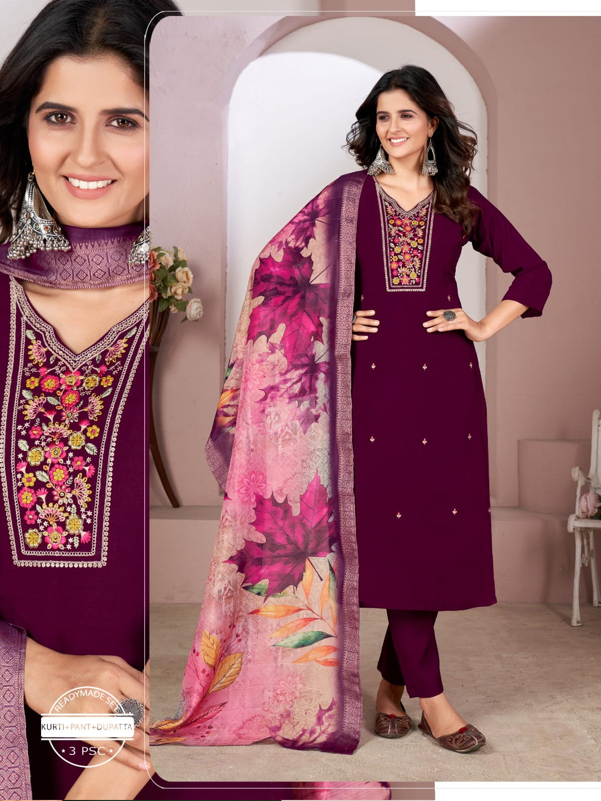 Solid V- Neck Embroidered Straight Fit Kurta with Pant & Dupatta - Magenta