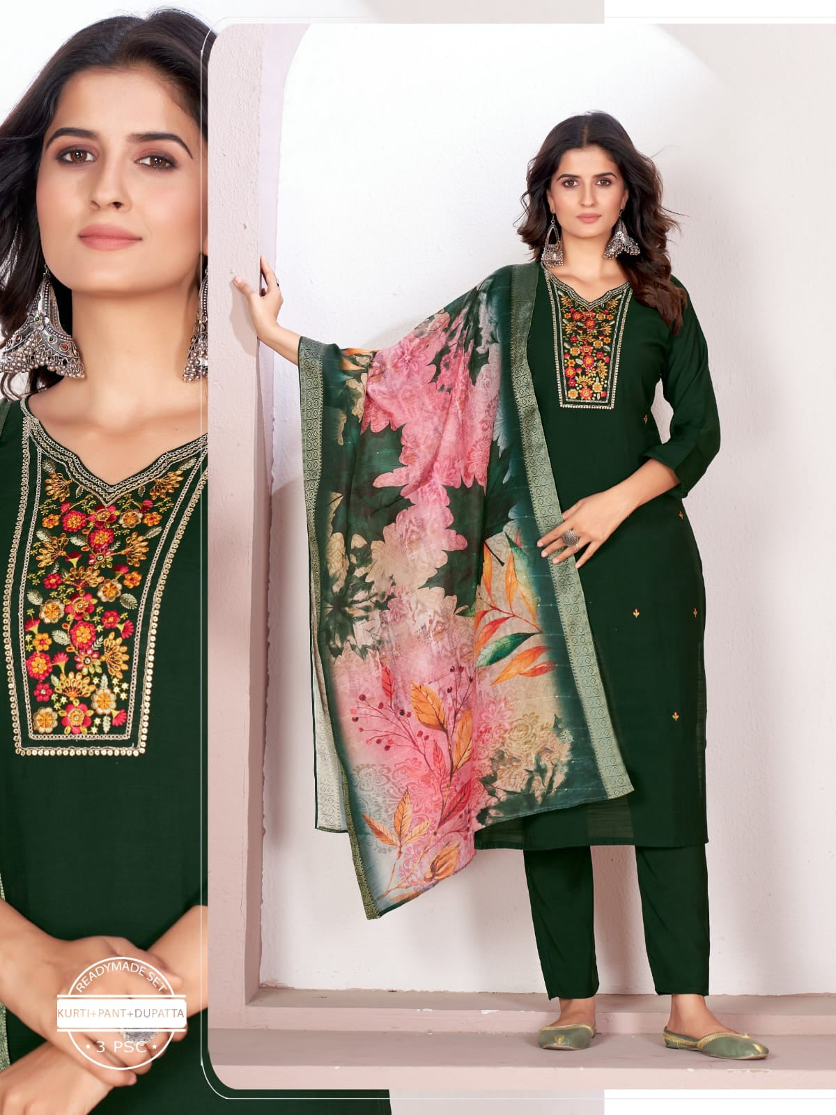 Embroidered Straight Fit Solid V- Neck Kurta with Pant & Dupatta - Green