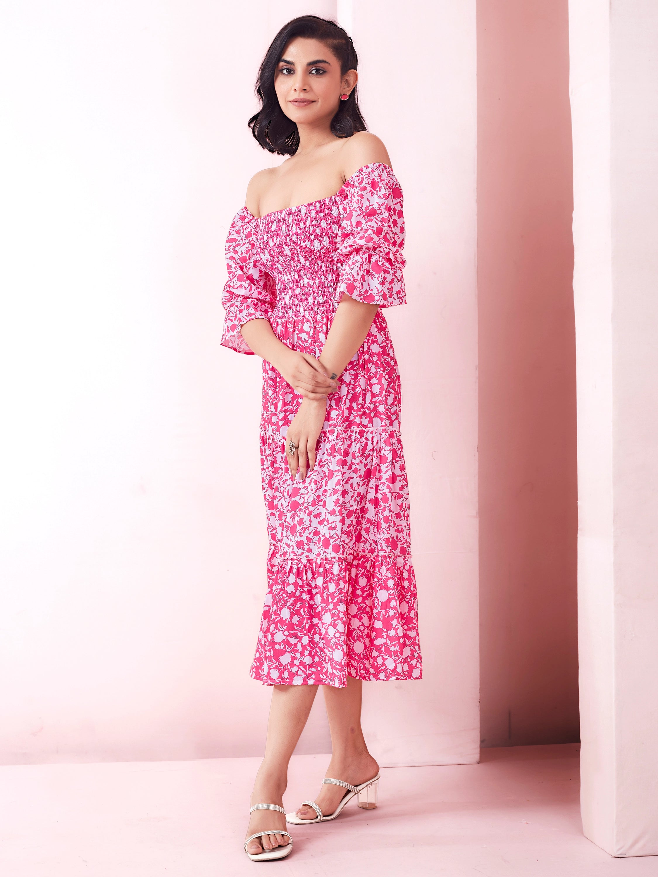 Pink Floral Print Smocked A-Line Tiered Midi Dress