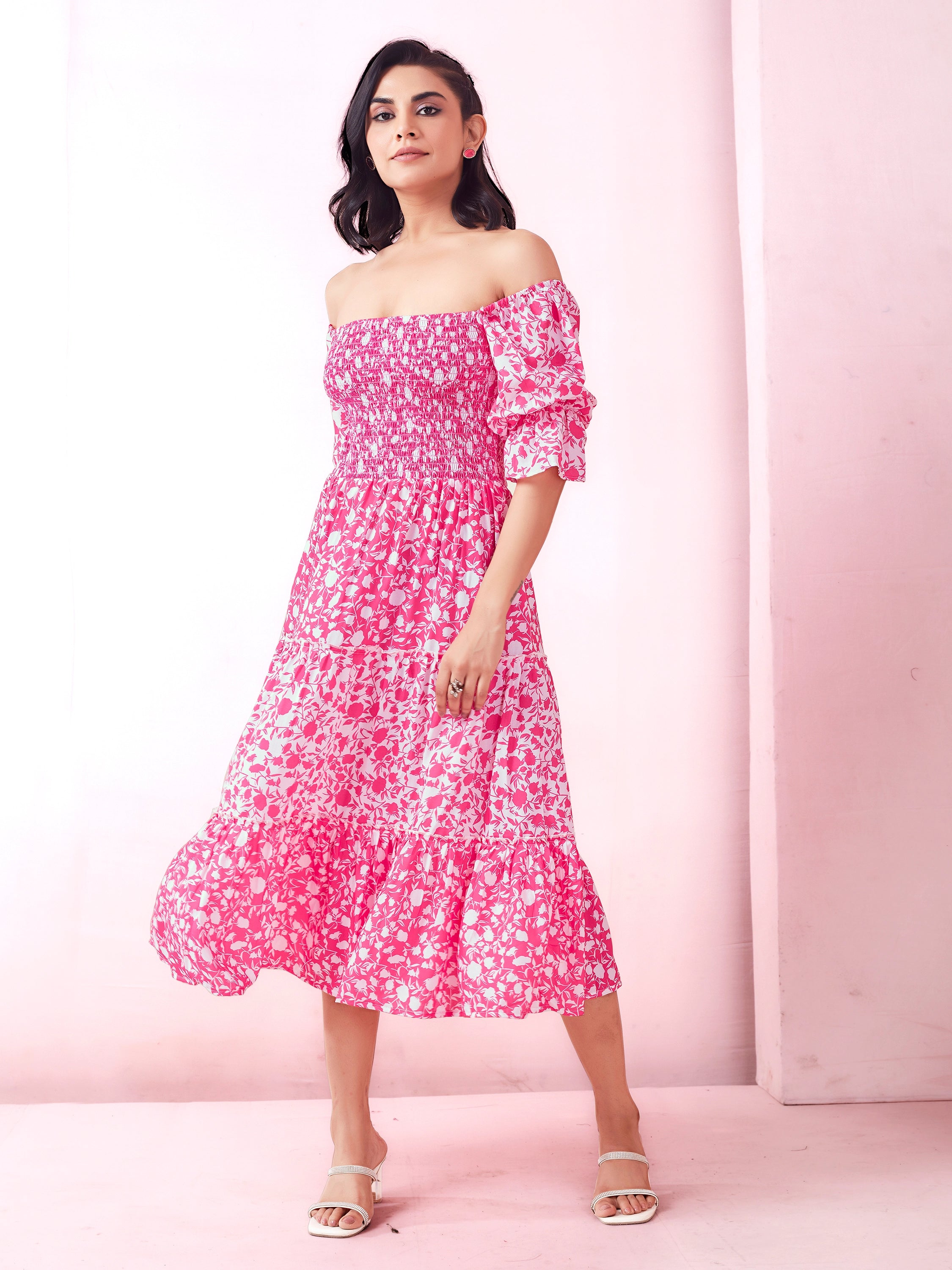 Pink Floral Print Smocked A-Line Tiered Midi Dress