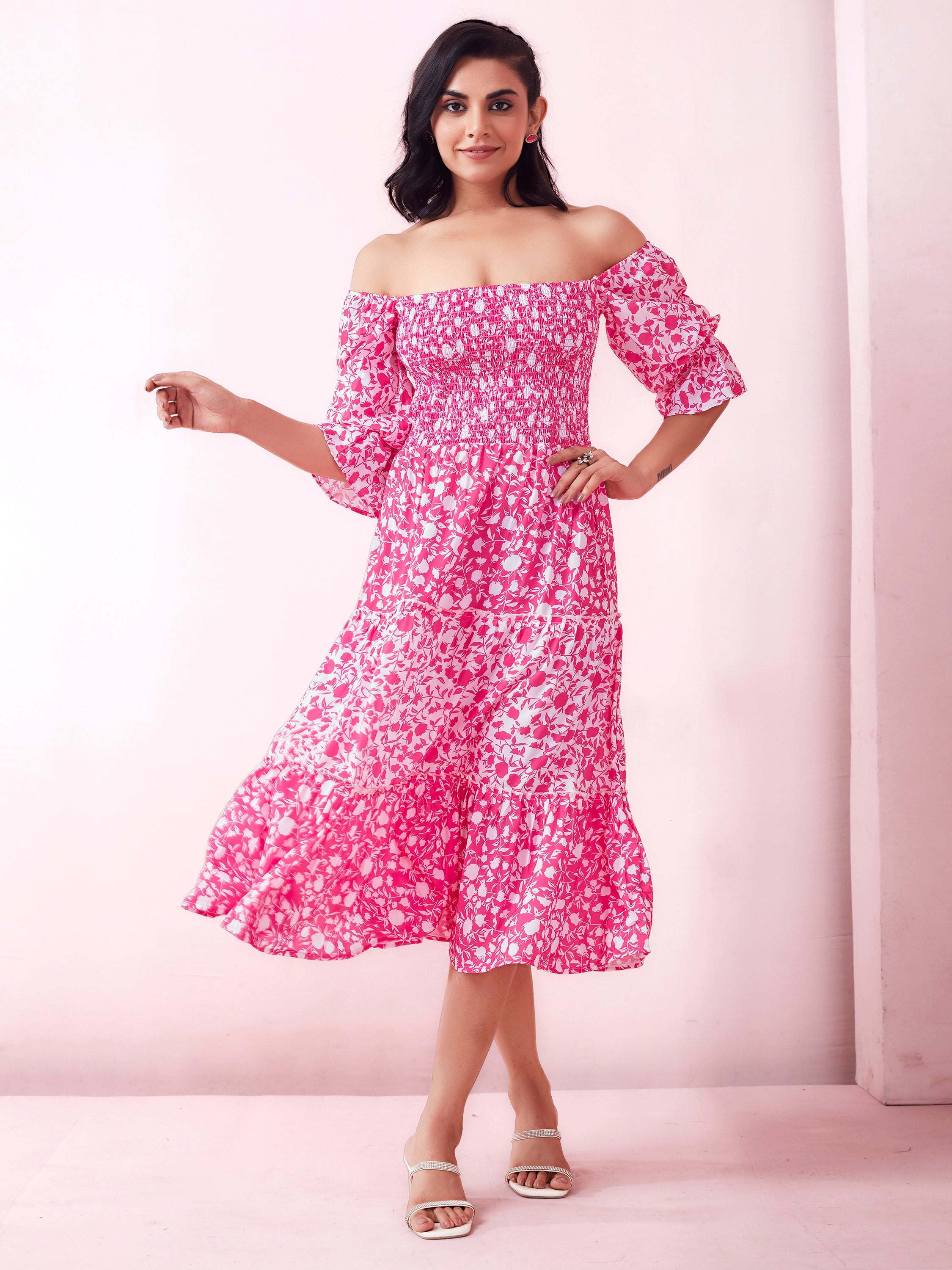 Pink Floral Print Smocked A-Line Tiered Midi Dress