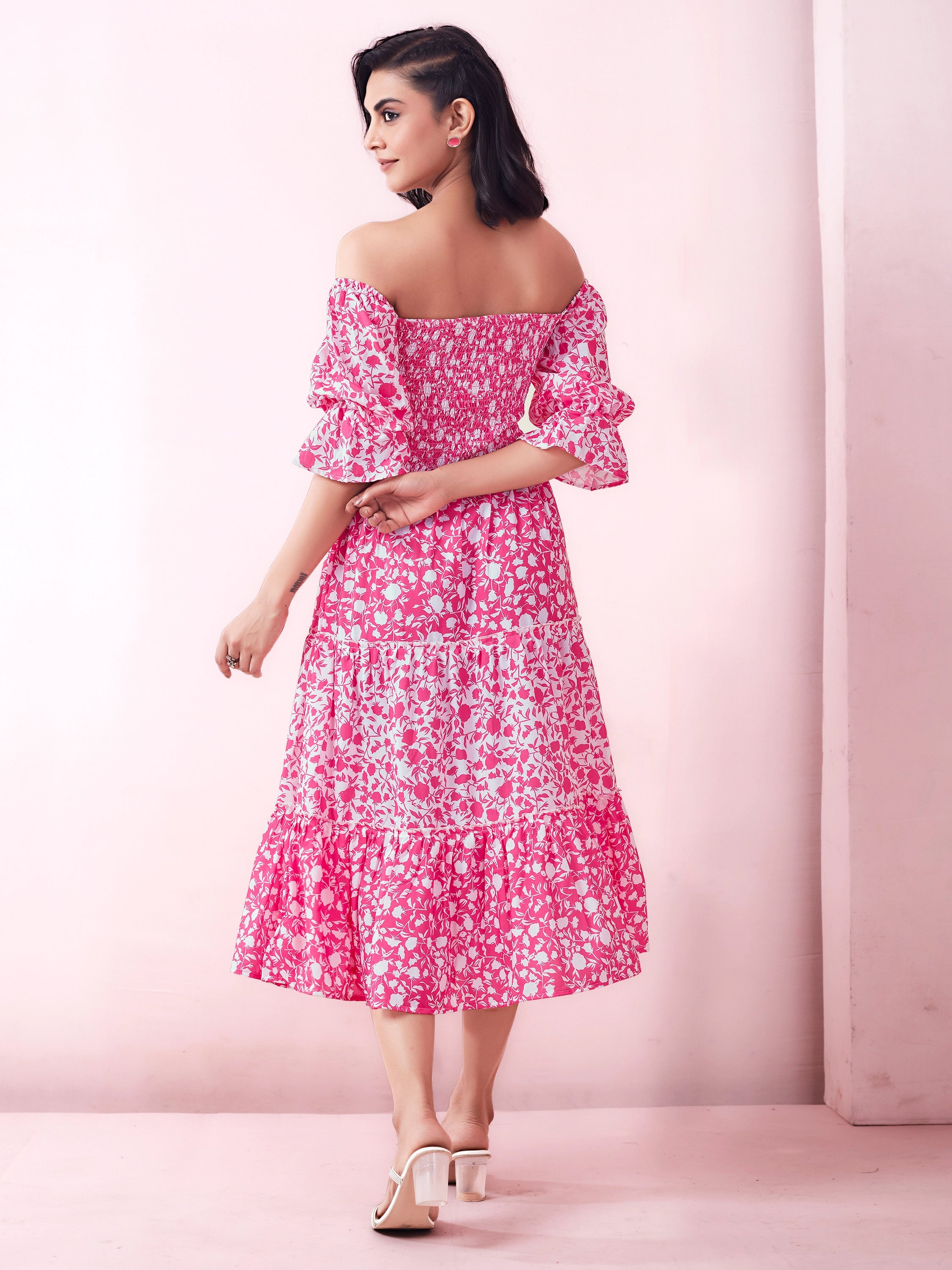 Pink Floral Print Smocked A-Line Tiered Midi Dress