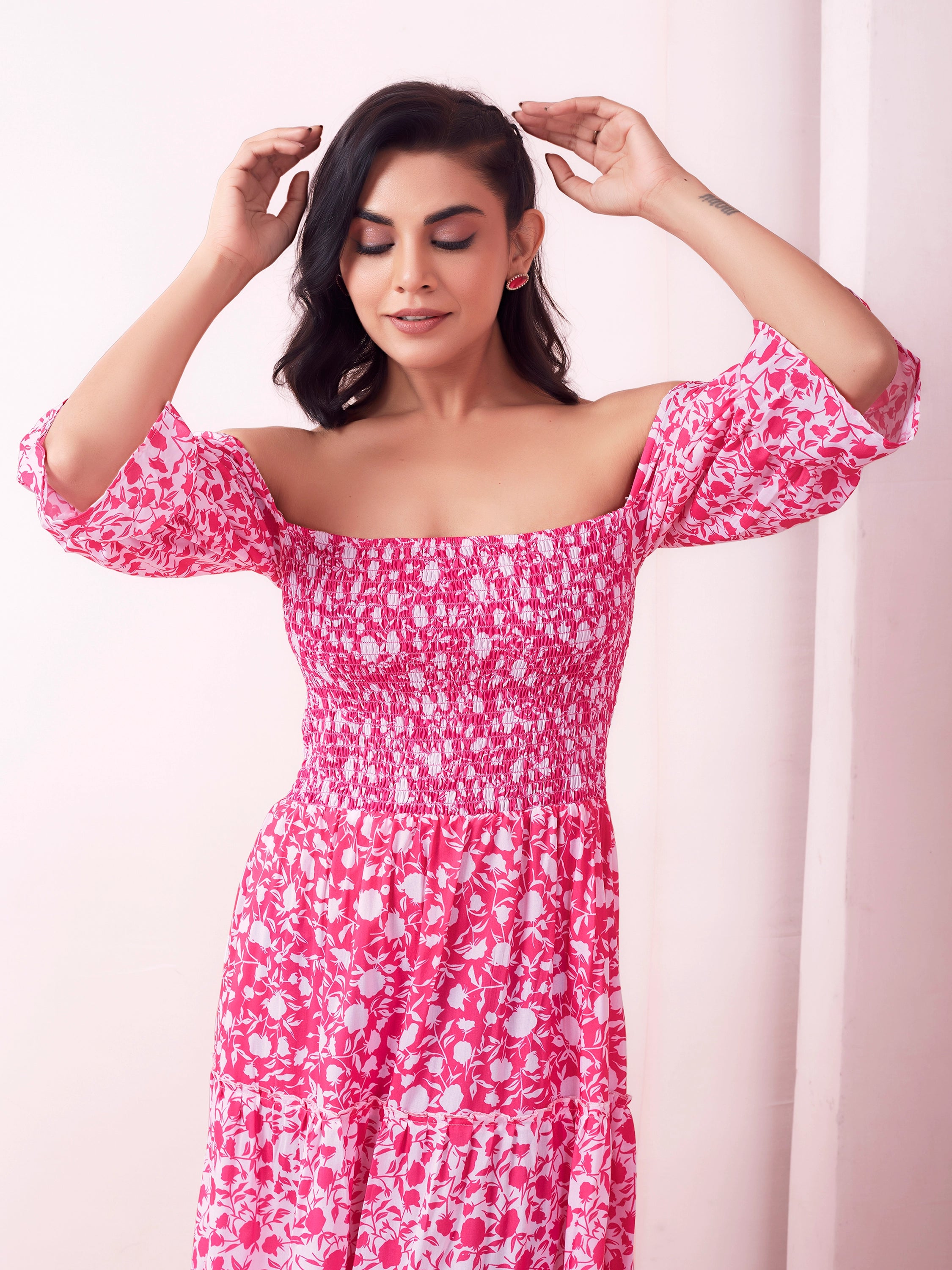 Pink Floral Print Smocked A-Line Tiered Midi Dress