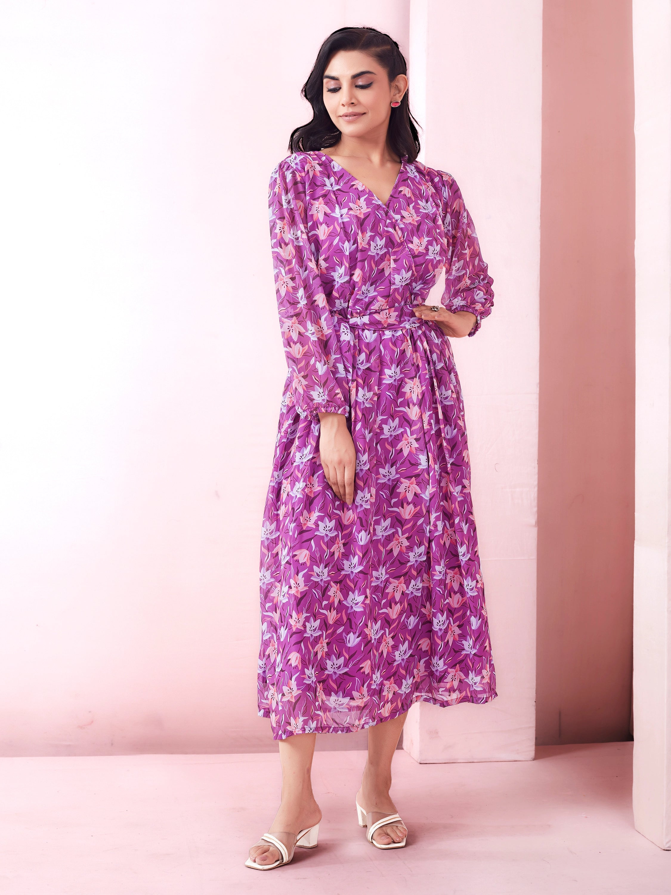 Floral Printed Wrap A-Line Maxi Dress - Purplish Pink