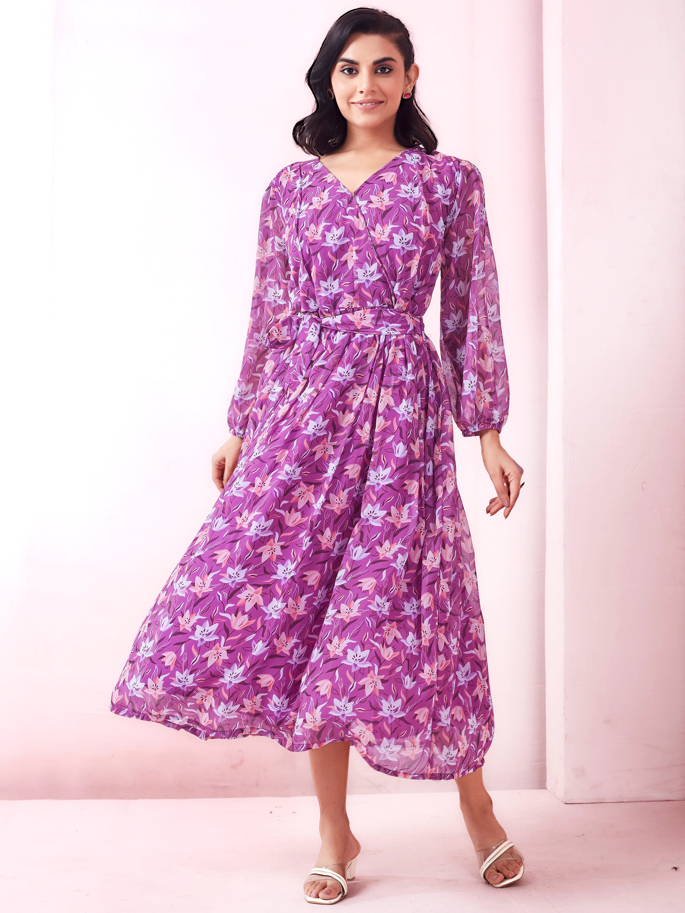 Floral Printed Wrap A-Line Maxi Dress - Purplish Pink