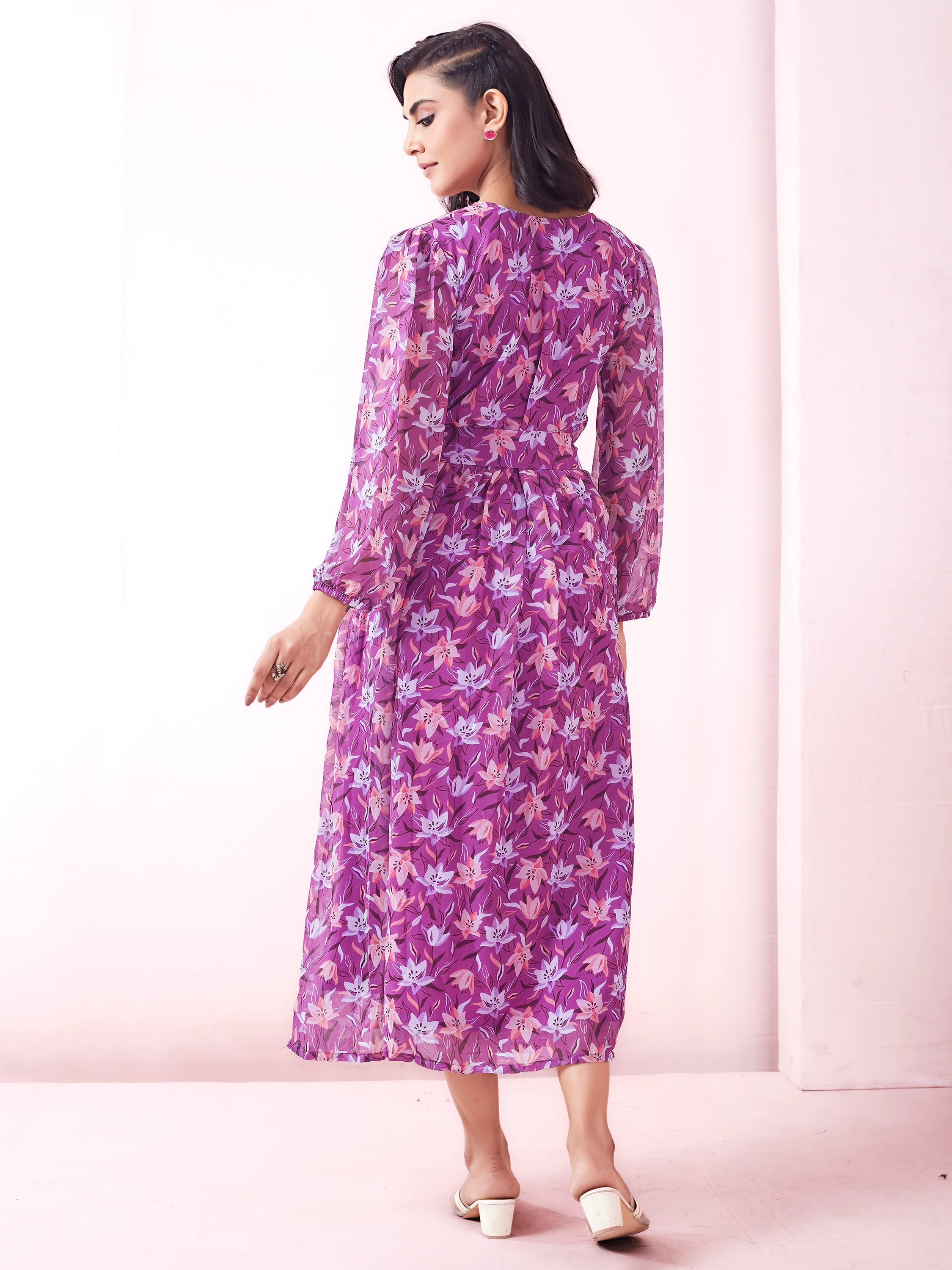 Floral Printed Wrap A-Line Maxi Dress - Purplish Pink