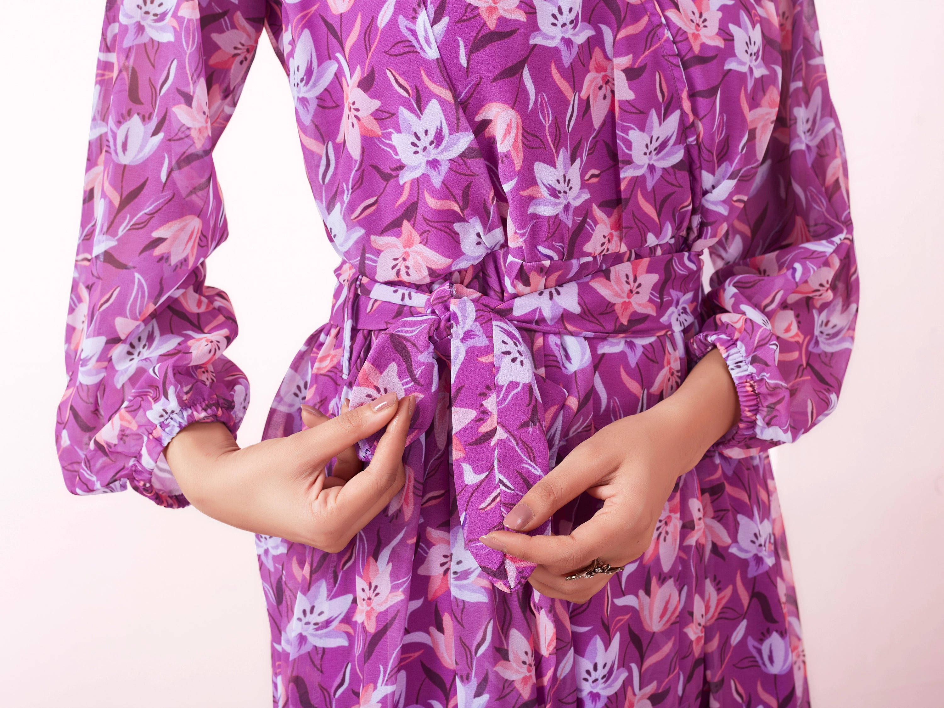 Floral Printed Wrap A-Line Maxi Dress - Purplish Pink