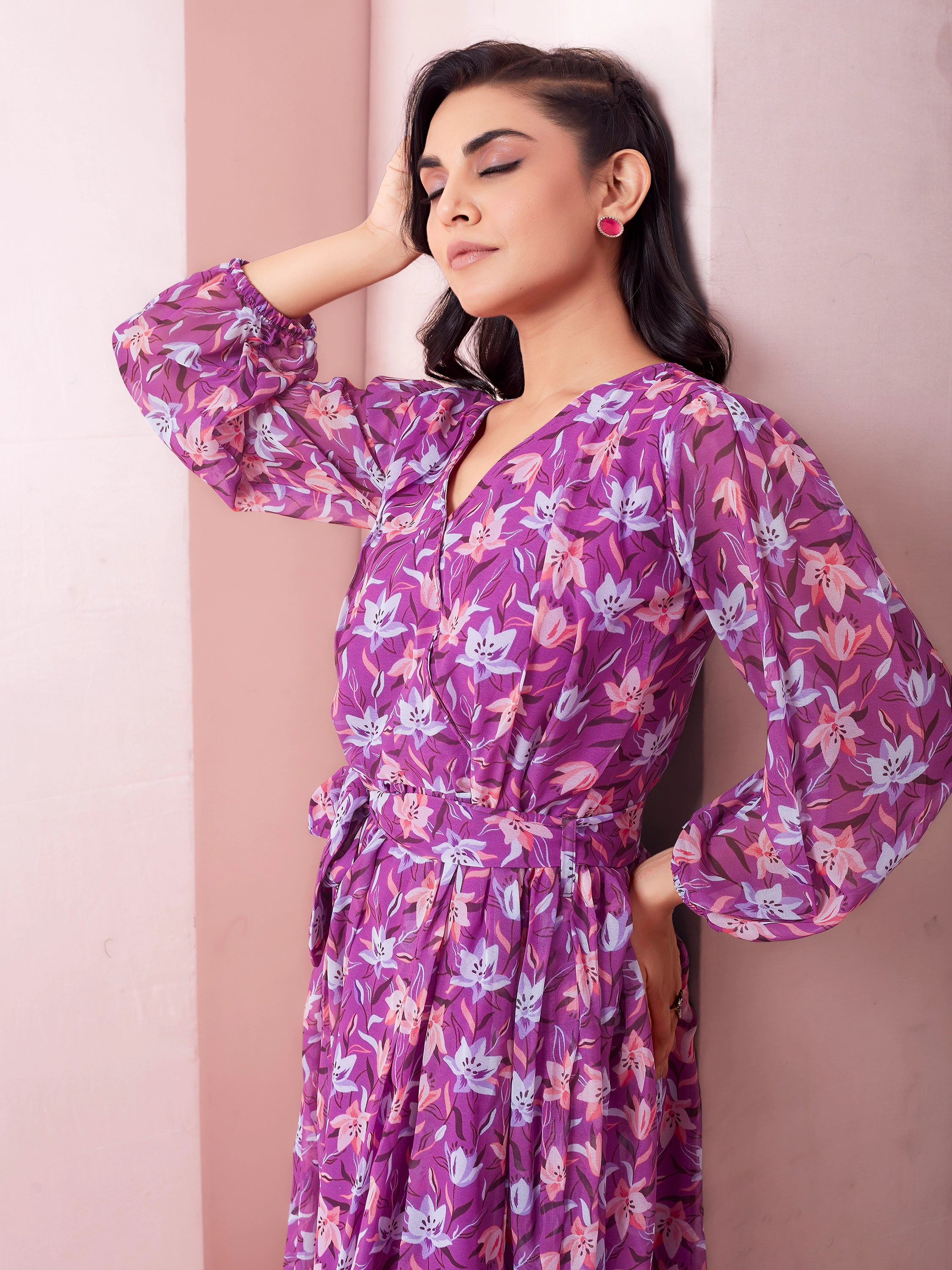 Floral Printed Wrap A-Line Maxi Dress - Purplish Pink