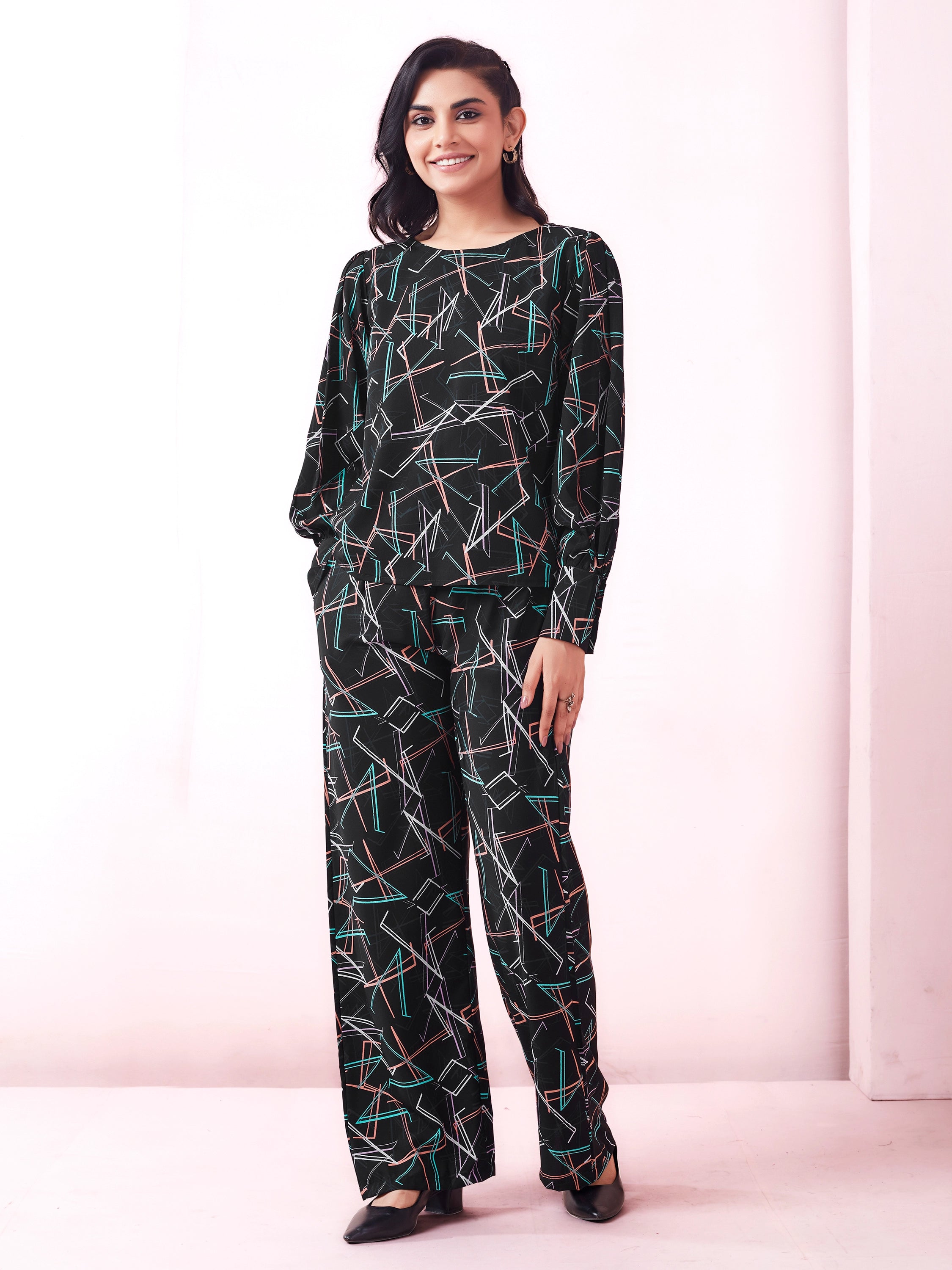 Black Geometric Print Top And Trouser Co-ord Set