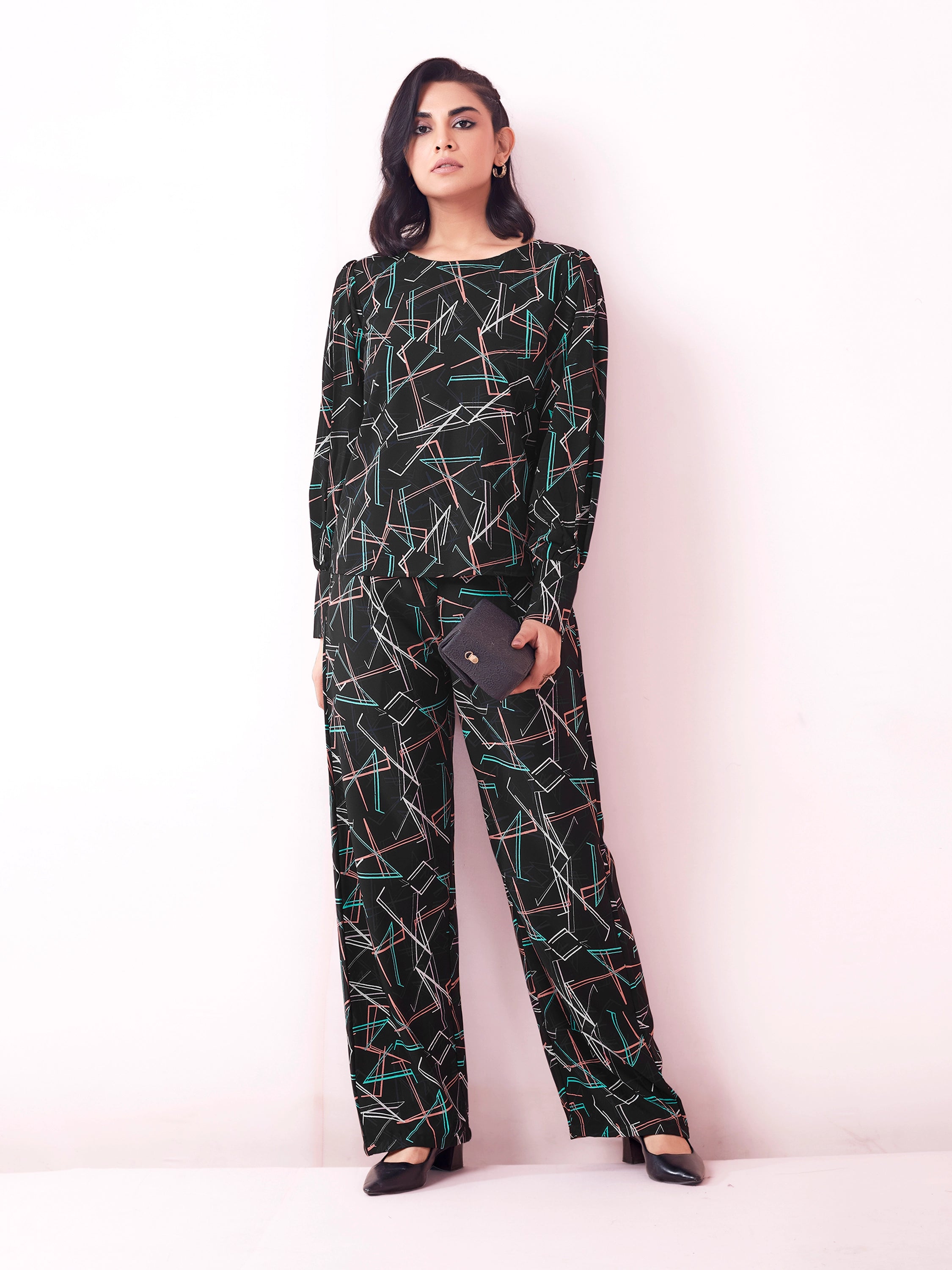 Black Geometric Print Top And Trouser Co-ord Set