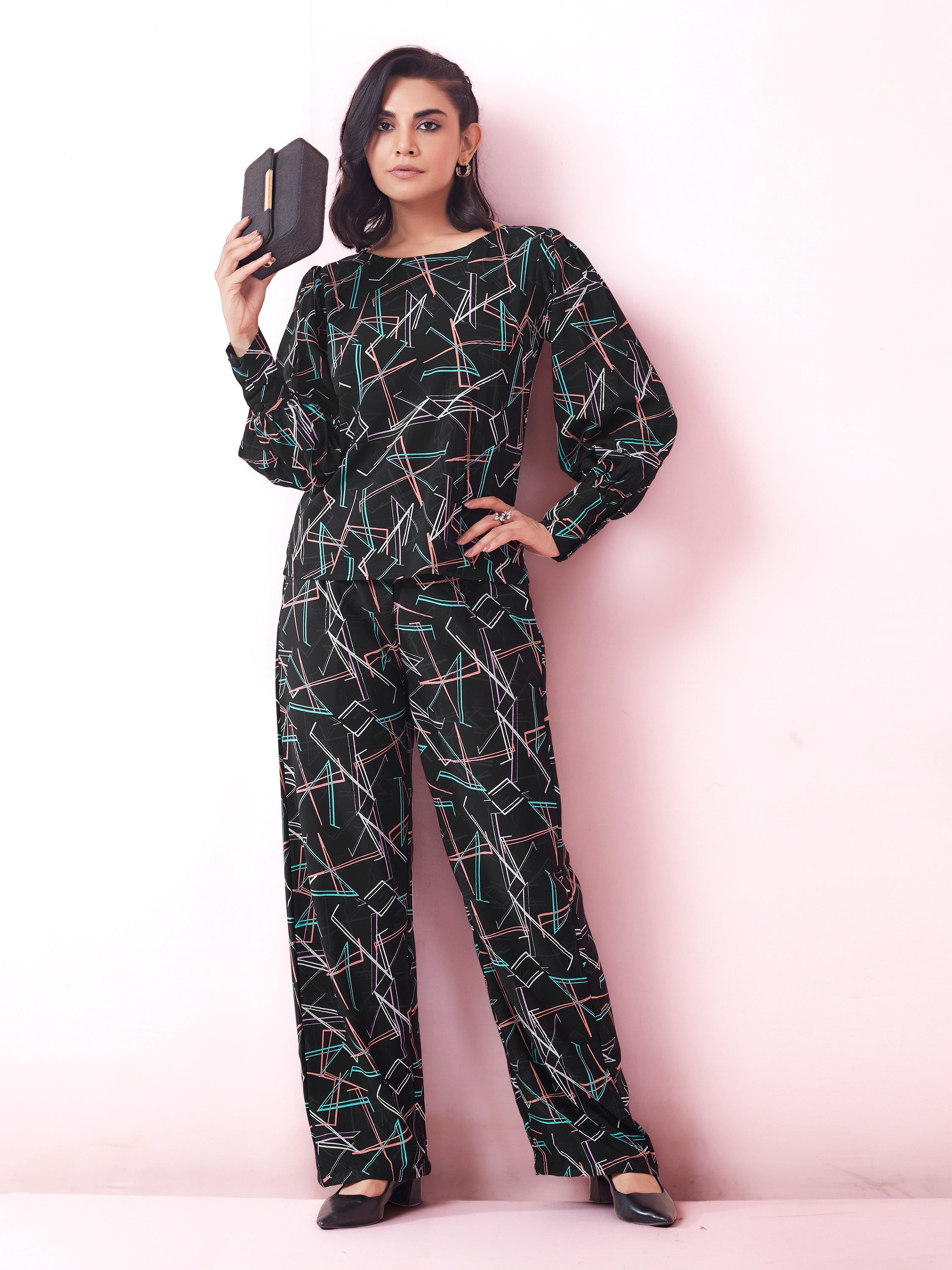 Black Geometric Print Top And Trouser Co-ord Set