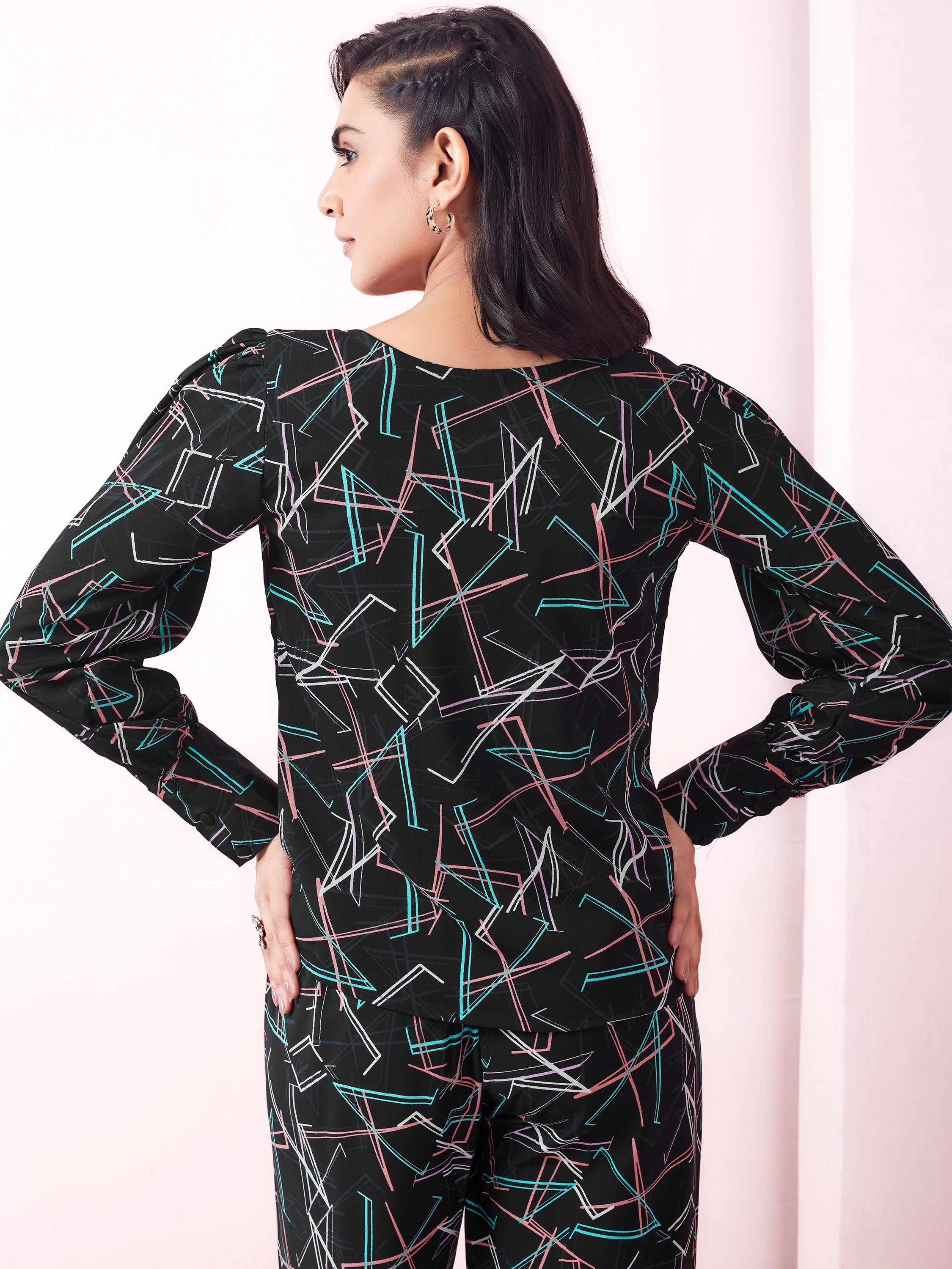 Geometric Printed Full Sleeve Boat Neck Top - Black