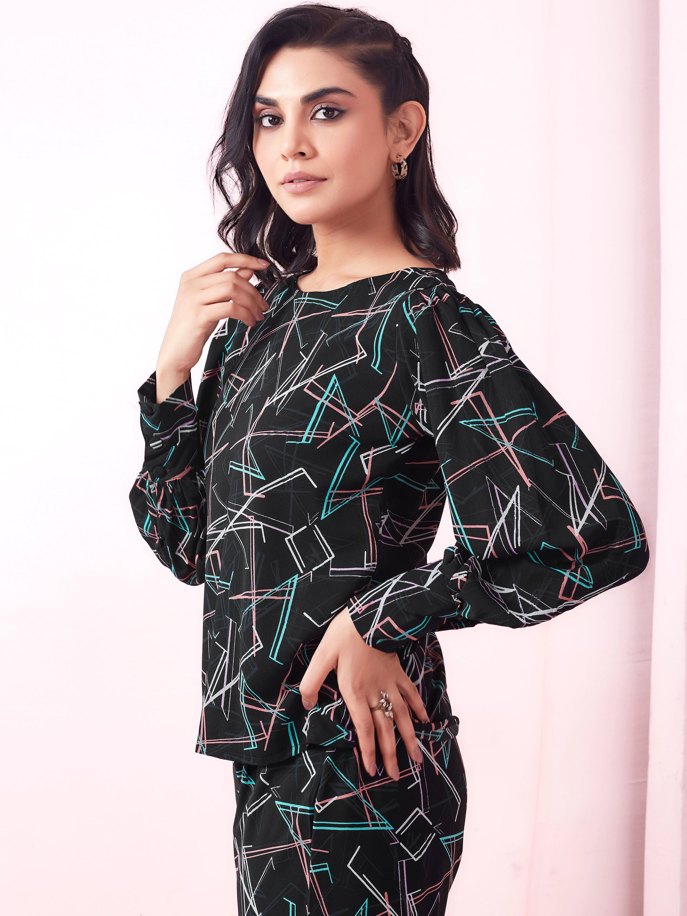 Geometric Printed Full Sleeve Boat Neck Top - Black