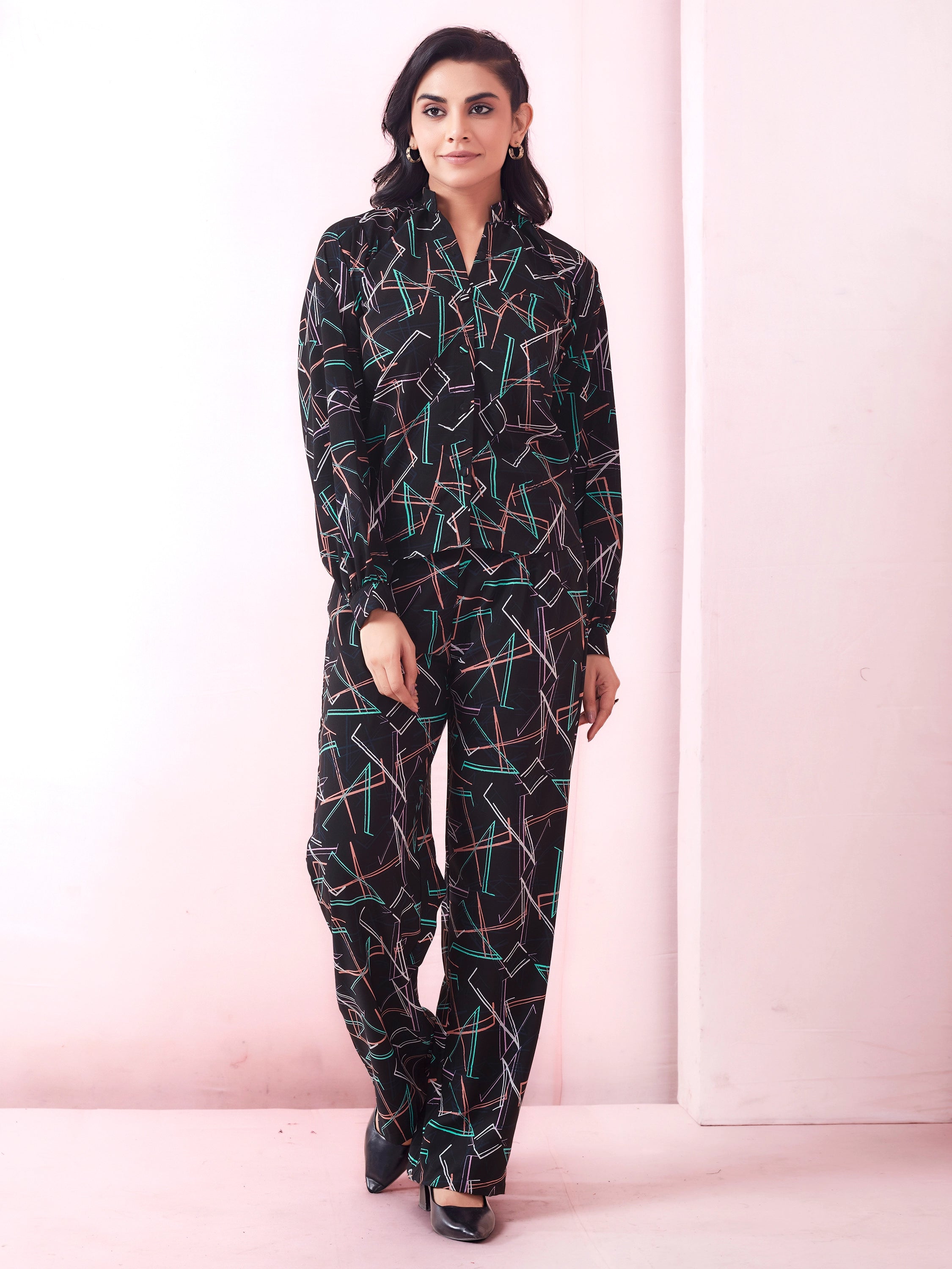 Black Geometric Print Shirt And Trouser Co-ord Set