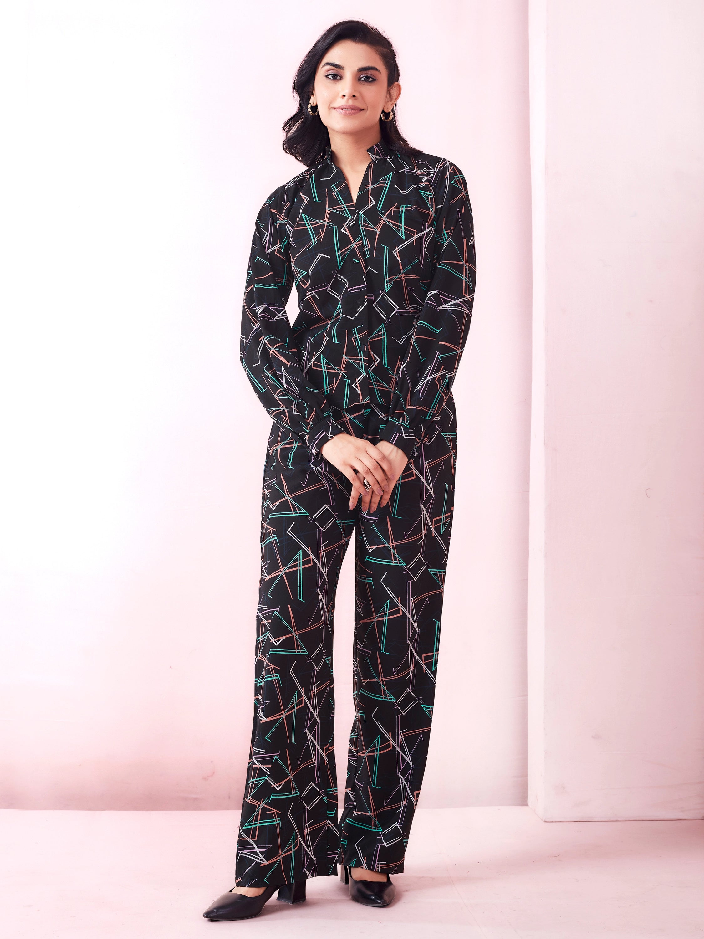 Black Geometric Print Shirt And Trouser Co-ord Set