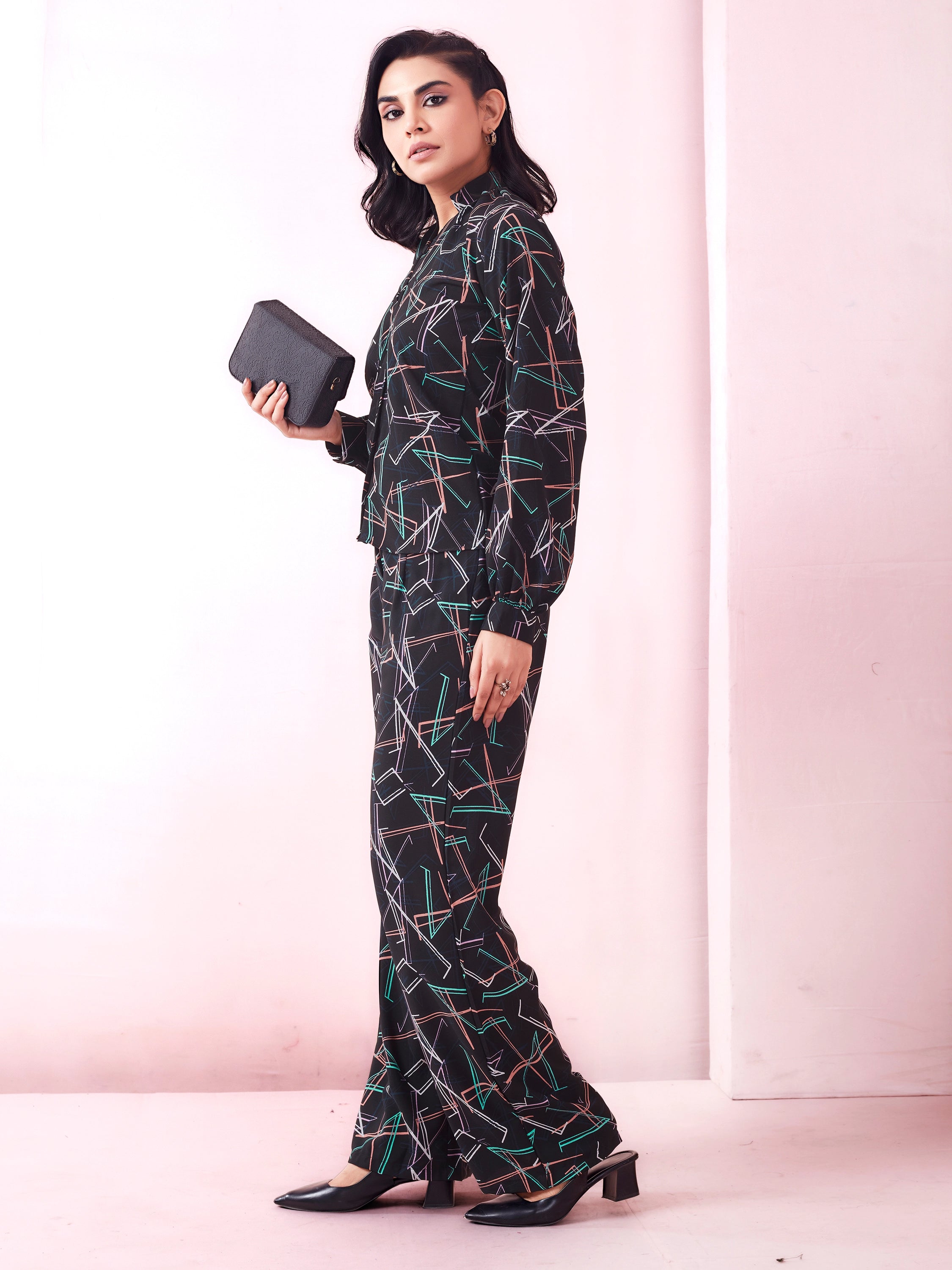 Black Geometric Print Shirt And Trouser Co-ord Set