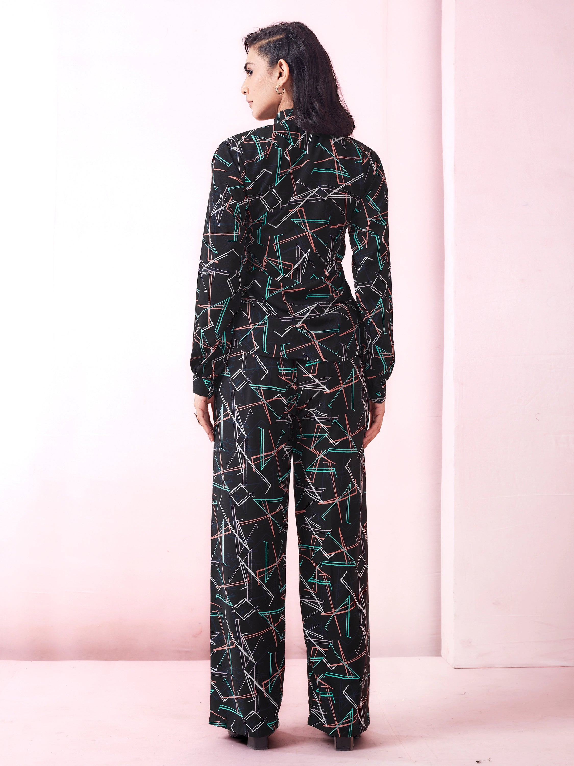 Black Geometric Print Shirt And Trouser Co-ord Set