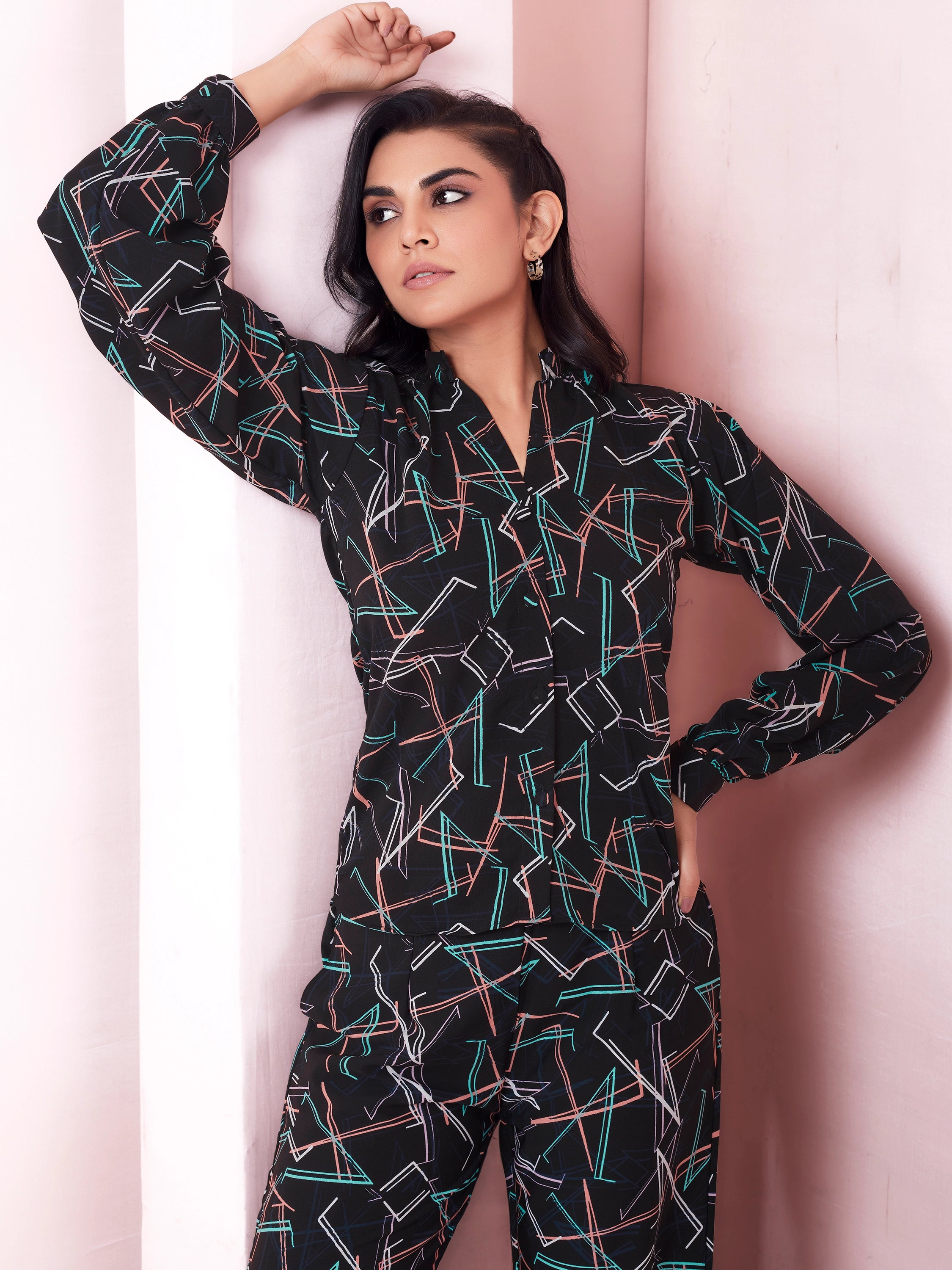 Geometric Printed Mandarin Collar Full Sleeve Shirt - Black