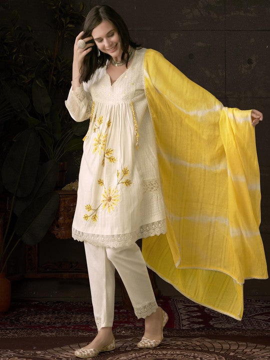 Yellow A-Line Schiffli Cotton Suit With Handwork