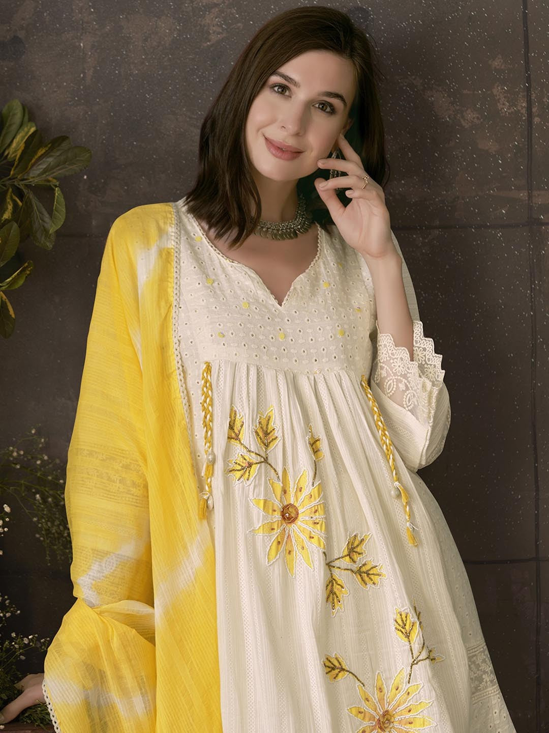 Yellow A-Line Schiffli Cotton Suit With Handwork